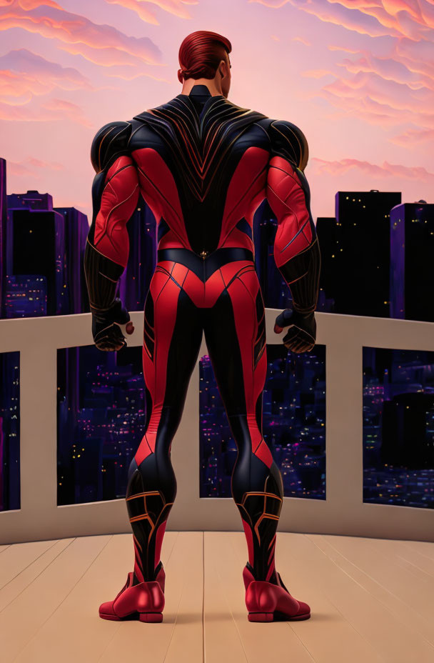 Muscular superhero in red and black suit at sunset