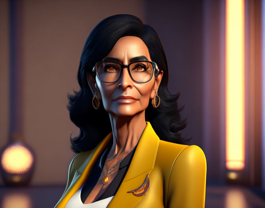 Stylized 3D illustration of woman in yellow blazer with glasses