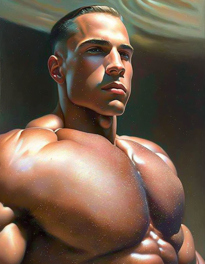 Muscular man with pronounced jawline and enhanced detailing.