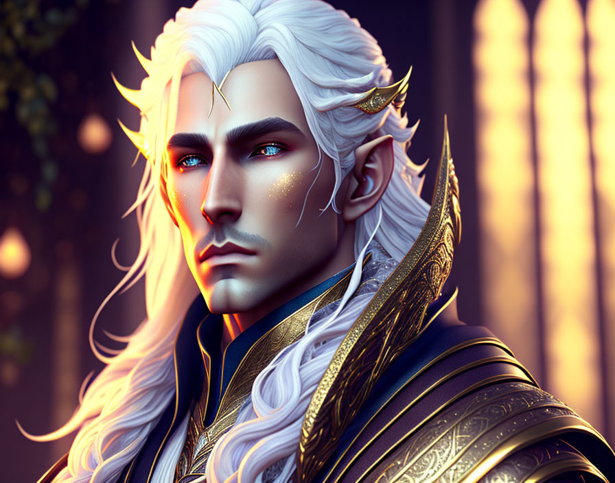 Regal character with white hair in golden armor in forest setting