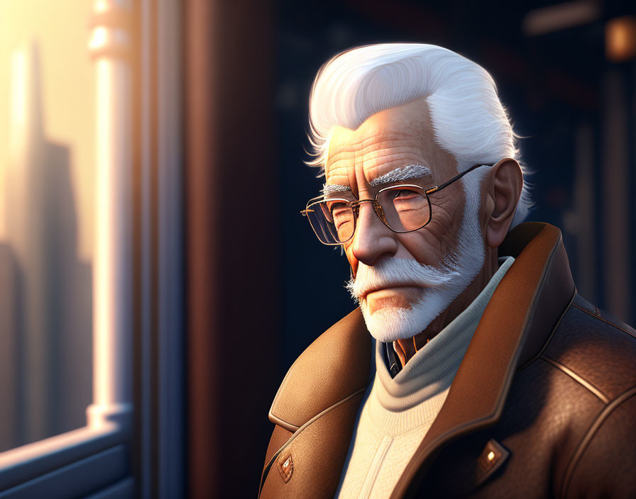 Elderly animated character with white hair, mustache, glasses, and leather jacket gazes thought