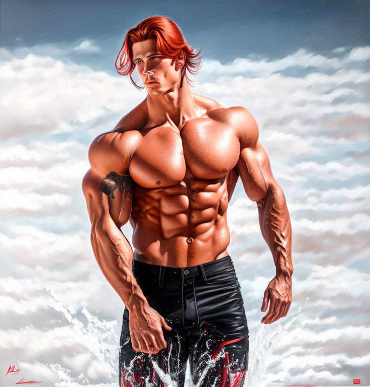 Illustration of muscular red-haired male character against cloudy sky splashing water