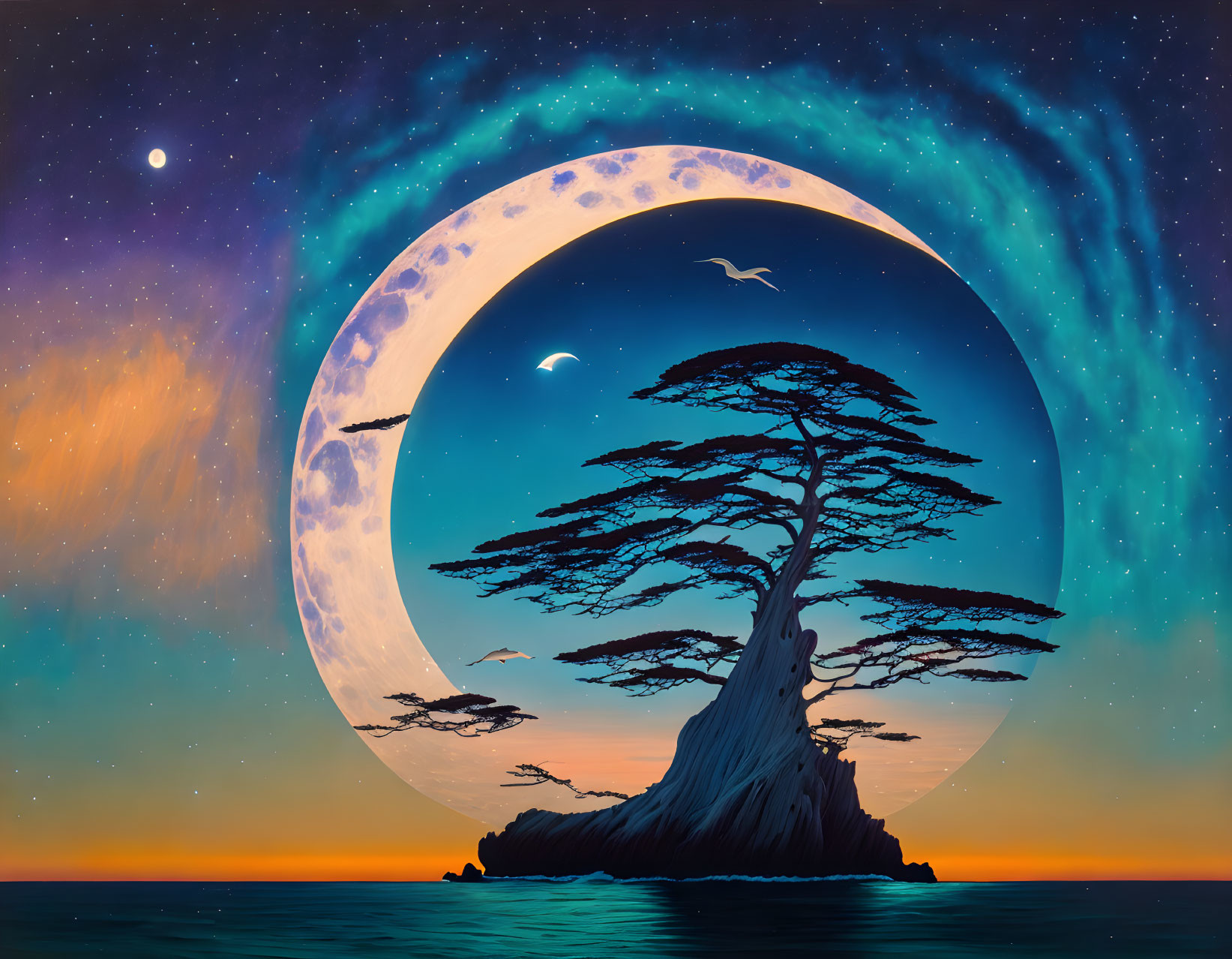 Surreal landscape featuring solitary tree, giant moon, stars, and twilight ocean horizon