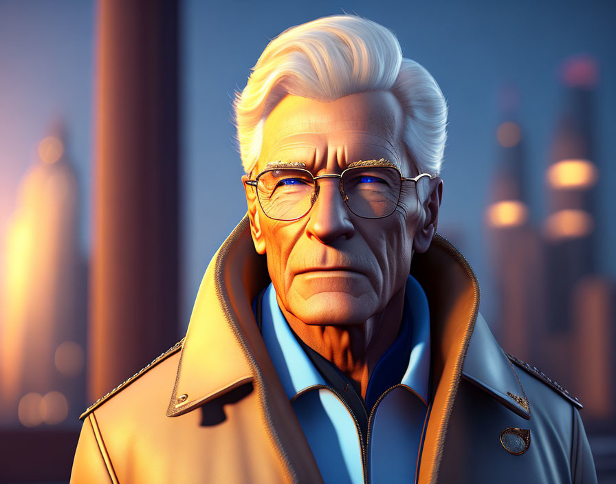 Elderly male character with white hair and glasses in blue shirt and beige coat against city skyline.