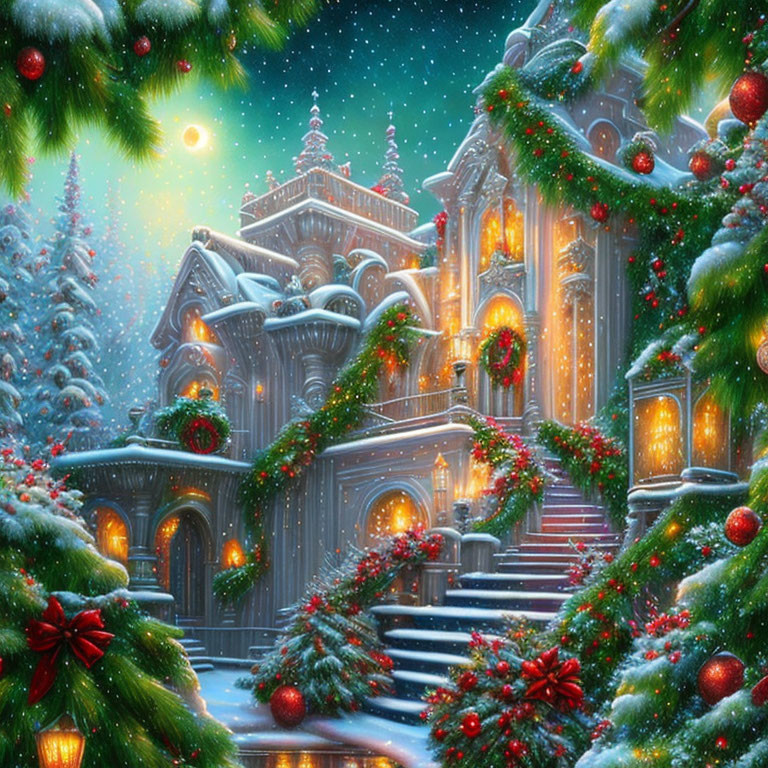 Festive Christmas scene with ornate building, snow-covered trees, and starry night sky