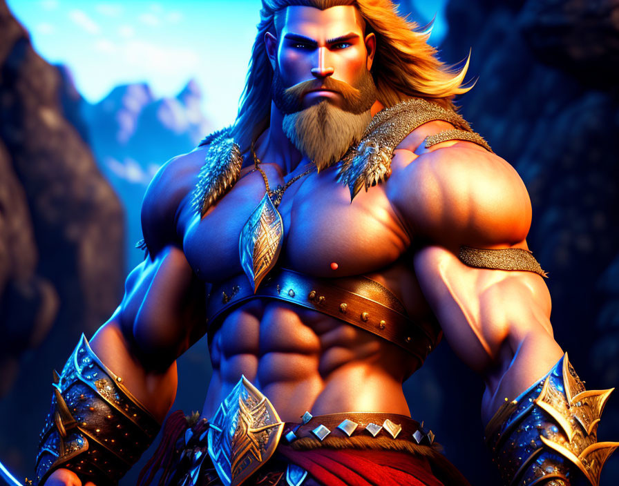 Muscular fantasy warrior in golden armor against blue-lit backdrop