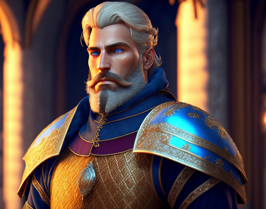 Blond-haired character in blue and gold armor in grand hall