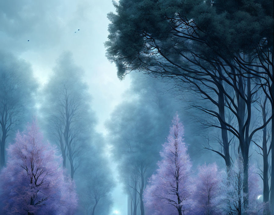 Misty forest with towering trees and purple foliage under soft light