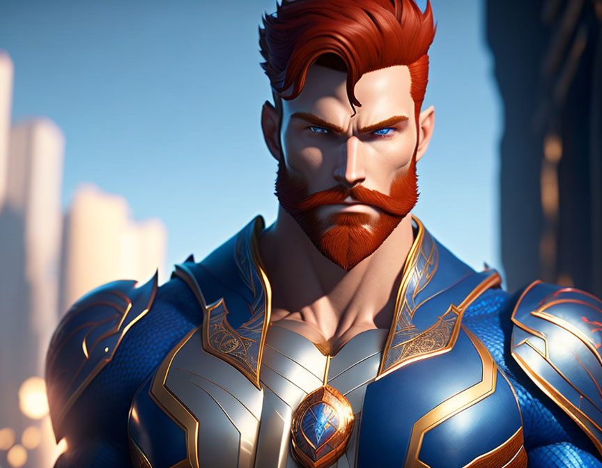 Character with Red Beard in Blue and Gold Armor on Cityscape Background