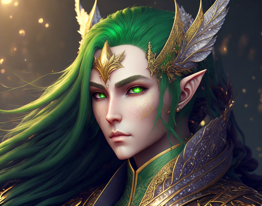 Vibrant green-haired elf in golden leaf armor