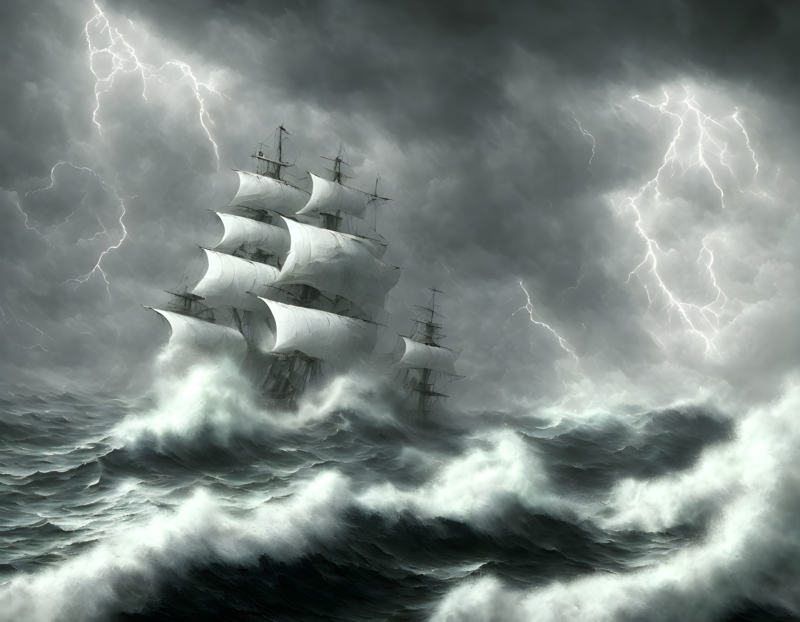 Tall Ship in Stormy Seas with Dramatic Lightning