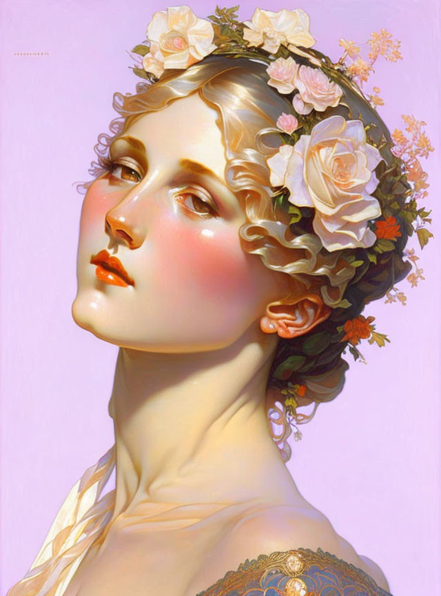 Serene woman portrait with floral wreath and warm lighting