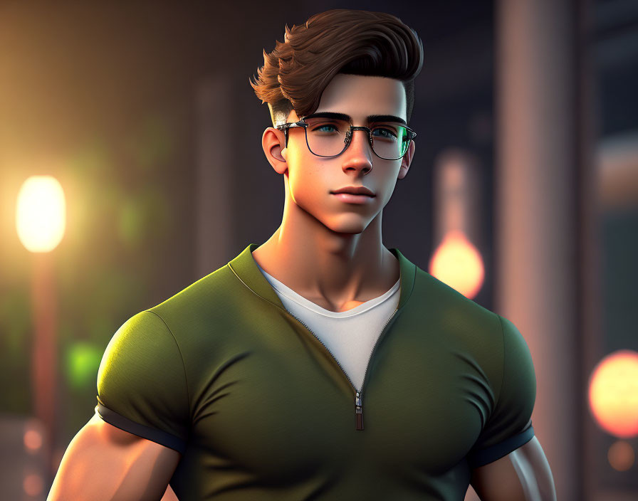 Stylized 3D illustration of young man with glasses in green shirt