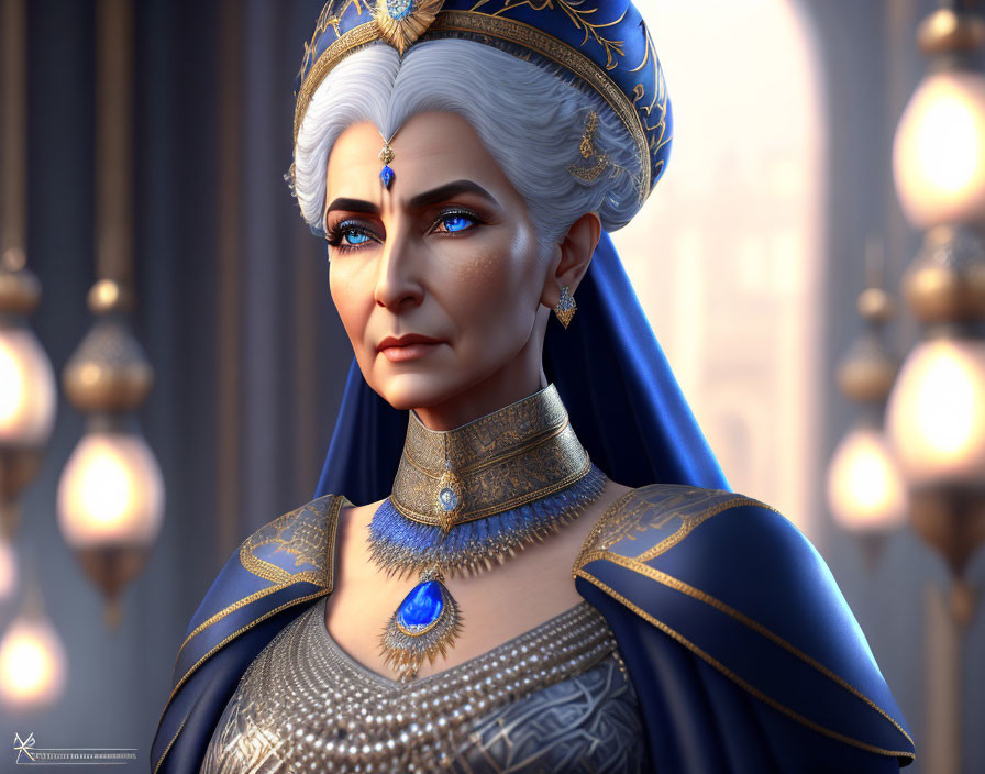 Regal woman with white hair, golden crown, blue robes, and jewelry