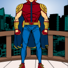 Muscular superhero in colorful costume with star emblem against cityscape.