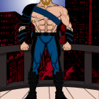 Muscular superhero with red cape and blue suit in classic comic book style