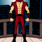 Muscular superhero in red and blue suit against city night skyline.