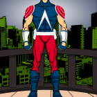 Muscular superhero in red, white, and blue costume on wooden deck