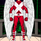 Muscular superhero in red and white suit with feathered wings standing confidently