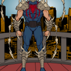 Muscular superhero in a cape with 'S' emblem overlooking cityscape