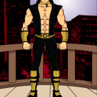 Muscular superhero in black and gold suit against cityscape at dusk