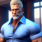 Male superhero with chiseled jaw in blue-and-white suit