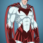 Muscular superhero in white and red suit with cape and cowl.