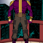 Muscular bearded superhero in purple and gray suit against night city skyline