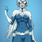 Female superhero with white hair in blue and white costume with star emblem