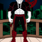 Stylized figure with white tiger head in black and red suit against cityscape