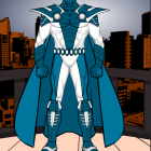 Blue-costumed superhero with white and gold accents and cape against city skyline