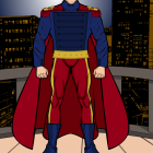 Muscular superhero in blue and red costume with gold accents and cape against city skyline at dusk