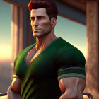 Red-Haired Male Superhero in Green and Gold Costume with Cityscape Background