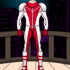 Muscular superhero wax figure in red, white, and blue costume against night skyline