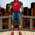 Muscular superhero in red, blue, and gold costume on terrace with city skyline.