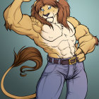 Muscular anthropomorphic lion in jeans flexing arm