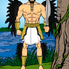 Muscular animated character in golden armor with wings by serene lake and forest landscape