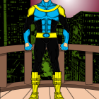 Muscular superhero in blue and gold costume on skyscraper balcony at dusk