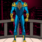 Superhero CGI image in blue and gold costume with cityscape backdrop