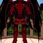 Red and black futuristic armor with wing-like structures and glowing emblem in cityscape at dusk.