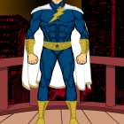 Muscular superhero in blue and yellow suit against city night skyline