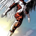 Heroic Figure with Angelic Wings in Red and White Suit Soaring in Sky