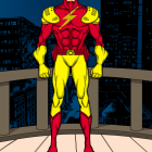 Muscular superhero in red and yellow costume overlooking cityscape at night