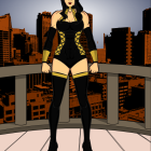 Superheroine in star-spangled costume on city rooftop.