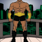 Muscular action figure with golden accessories in futuristic cityscape setting.