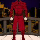 Muscular superhero in red and gold costume on rooftop at night.