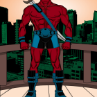 Muscular red-skinned superhero in blue and black suit with gold belt and red cape against futuristic city