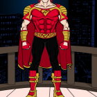 Muscular superhero in red and gold costume against cityscape.