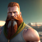 Red-bearded animated character in green and silver armor with a pensive expression