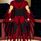 Muscular superhero in red and blue costume with flowing maroon cape and bird emblem, standing on balcony